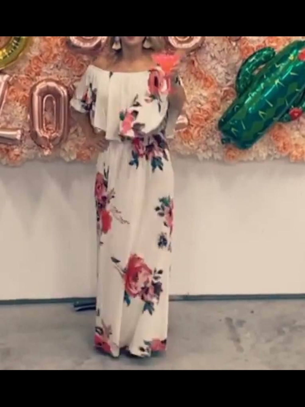 Off-Shoulder Floral Maxi Dress - White with Pink Roses